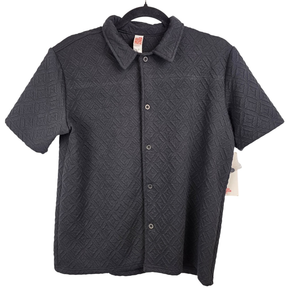 Fleece Factory Mens S Black Diamond Quilt Textured Short Sleeve Button Down‎ NWT